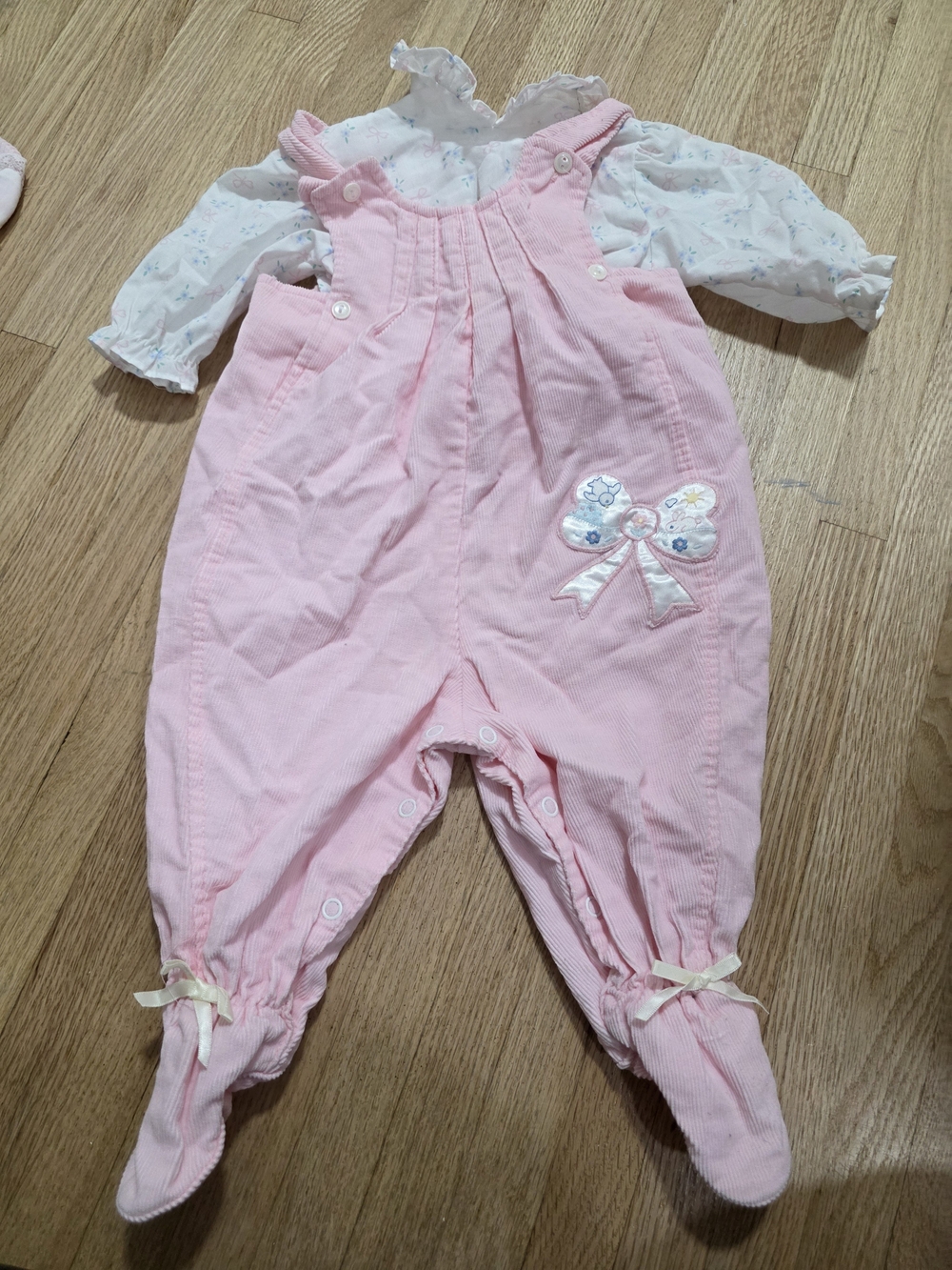 Pink Baby Girl Corduroy Footed Overalls with Bow Detail